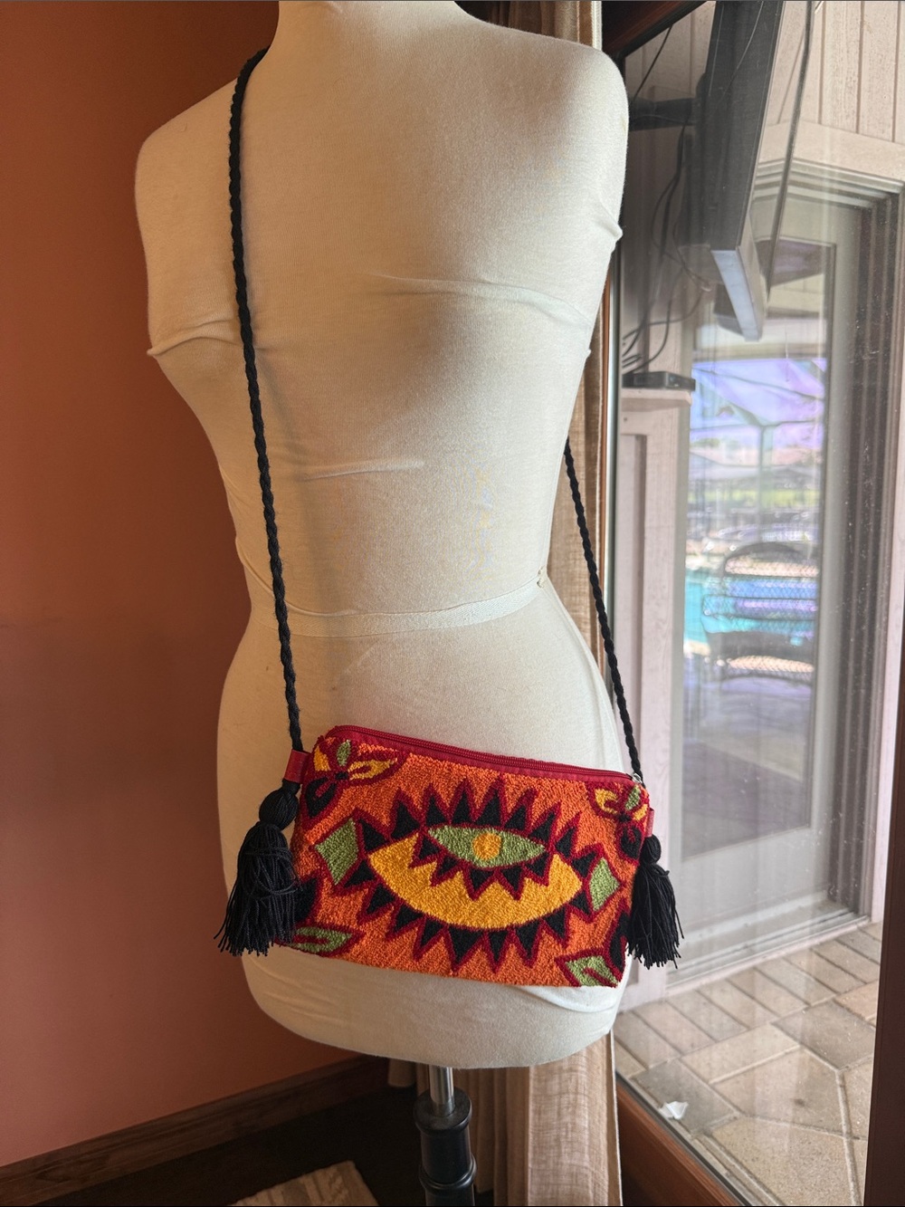Embroidered Wayu Red & Orange Crossbody Bag with Black Tassel Strap